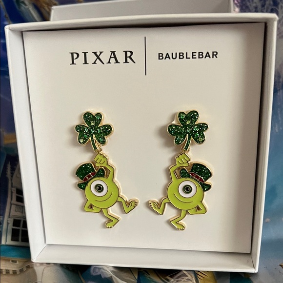 BaubleBar Pixar Monsters Inc. Green Character Earrings with Glitter Shamrock NIB - Picture 1 of 4